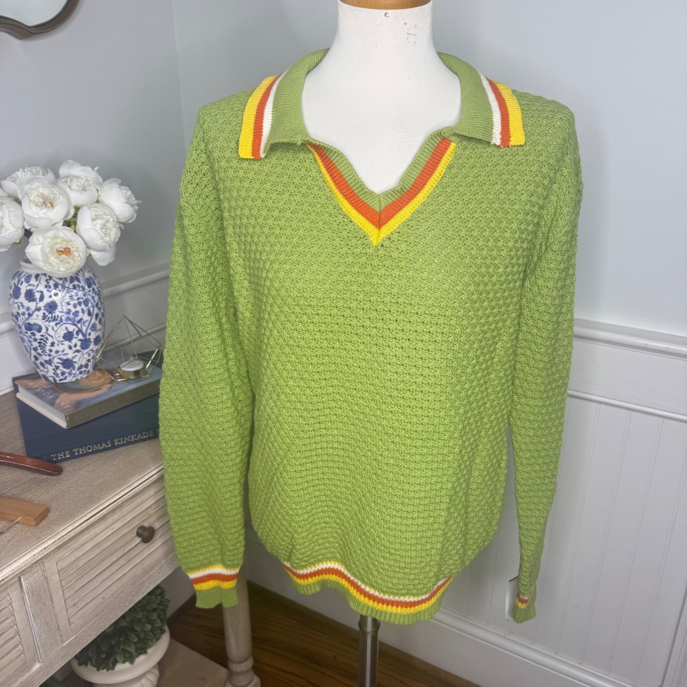 OXKNIT Womens Lime Green Striped Collar Cotton Textured Polo Sweater Size M